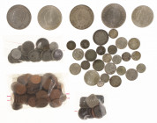Lotje zilveren Koninkrijksmunten incl. Overzee wb. zakje beschsdigde dubbeltjes en kwartjes, tevens zakje met ca. 120 stuks ½ Centen Nederlands-Indië...