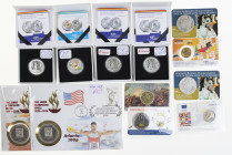 Lotje met Aruba 5 Florin 2012 en Antillen 5 Gulden 2013 Proof, Suriname 2x 100 Gulden 1996 in FDC en wat munten en penningen in coincards