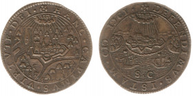 Rekenpenningen / Jetons - 1601 - Rekenpenning Dordrecht 'Inname van Rijnberk en verdediging van Oostende' (Dugn.3521, vLoonI.p560, Tas352) - VZ Rijnbe...