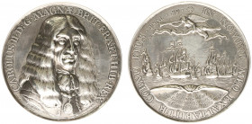 Historiepenningen - 1660 - Plaquettepenning 'Vertrek uit Scheveningen van de Engelse koning Karel II' door P. van Abeele (vL.481-2) - VZ Borstbeeld ha...
