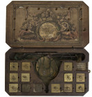 Varia - Muntgewicht(doosjes) - Muntgewichtdoos met etiket van Abraham Groengraft (Amsterdam, ijkmeester generaal 1701-1745) - bewerkt houten doos 153x...