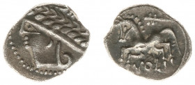 Celts - Gaul - Allobroges - AR Quinarius (Cn. Pompeius Voluntilus, c 70-61 BC, 2.28 g) - Laureate male head left / VOL Horse galloping left, symbol (s...