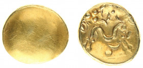 Celts - Gaul - Ambiani - AV Stater (c 100-50 BC, 6.17 g) - Gallic wars issue - Plain bulge / Large disjointed horse right, pellets and ornaments above...