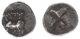 Northern Greece - Thrace - Byzantion - AR Tetrobol (BC 357-340 / 2,51 g) - Cow standing to left on dolphin to left / foreleg raised / above V**PU* / q...