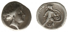 Illyria and Central Greece - Lokris - Lokris Opuntii - AR Triobol (c 338-316 BC, 2.58 g) - Head of Persephone to right, wearing grain wreath and penda...