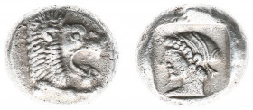 Greece - Caria - Knidos - AR Drachm (c 500-490 BC, 6.09 g) - Forepart of a roaring lion to right / Head of Aphrodite to left, her hair in sakkos, with...