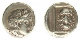 Greece - Lesbos - Mytilene - EL Hekte (c 375-325 BC, 2.55 g) - Head of Dionysos to right, wearing ivy-wreath / Head of Silenos facing, within linear s...