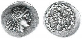 Asia Minor - Aiolis - Myrina - AR Drachm (c 160-143 BC, 3.88 g) - Laureate head of Apollo right / Apollo Grynios standing right, holding phiale and fi...