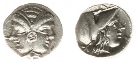 Asia Minor - Mysia - Lampsakos - AR Diobol (4th-3rd century BC, 1.18 g) - Female janiform head wearing circular earring / Helmeted head of Athena righ...