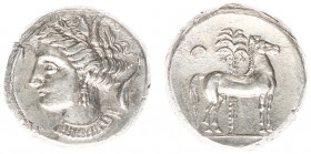North Africa - AR Tetradrachm (Siculo-Punic coinage, 4th century BC, 17.19 g) - Head of Persephone-Tanit, corn-leaves in hair, pendant earring and pen...