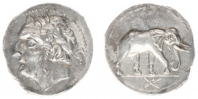 North Africa - AR Half shekel (Carthago or uncertain mint in Sicily, c 213-210 BC, 3.33 g) - Laureate head left / Elephant walking right, Punic letter...