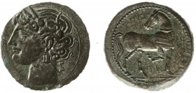 North Africa - Carthage - 1.5 Shekel, Billon or Tridrachm (c 230-220 BC, 9.29 g) - Head of Tanit left, wearing necklace and triple-drop earring / Hors...