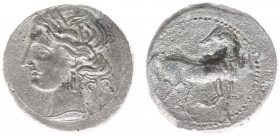 North Africa - Zeugitana / Carthage - AE 22mm (ca. 215-205 BC, 8,76 g) Time of the Second Punic War, Head of Tanit left, wearing single-pendant earrin...