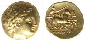Kingdom of Macedonia - Philip II (359-336 BC) - AV Stater (Pella 340-328 BC, 8.45 g) - Laureate head of Apollo right / Biga to right, Kantharos below ...