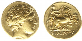 Kingdom of Macedonia - Philip II (359-336 BC) - AV Stater (Pella c 340-328 BC, 8.61 g) - Laureate head of Apollo right / ΦIΛIΠΠOY Charioteer driving g...
