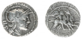 Early-Denarius Coinage (ca. 211-155 BC) - Anonymous - AR Sestertius ( Rome 211-208 BC, 1.02 g, 12.3 mm) - Helmeted head of Roma right, IIS behind / Di...