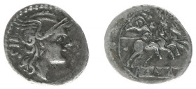 Early-Denarius Coinage (ca. 211-155 BC) - Anonymous - AR Sestertius ( Rome 211-208 BC, 0.86 g, 12,8 mm) - Helmeted head of Roma right, IIS behind / Di...