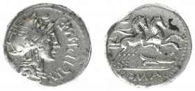 Later-Denarius Coinage (ca. 154-41 BC) - M. Cipius M.f. – AR Denarius (Rome 115/114 BC, 3.90 g) - Helmeted head of Roma right, X behind, M CIPI M F be...
