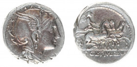 Later-Denarius Coinage (ca. 154-41 BC) - Ap. Claudius Pulcher, T. Manlius Mancinus and Q. Urbinius – AR Denarius (Rome 111/110 BC,3.94 g) - Helmeted h...