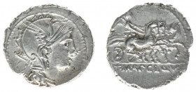 Later-Denarius Coinage (ca. 154-41 BC) - Ap. Claudius Pulcher, T. Manlius Mancinus and Q. Urbinius – AR Denarius (Rome 111-110 BC, 3.94 g) - Helmeted ...