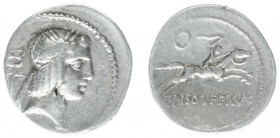 Later-Denarius Coinage (ca. 154-41 BC) - L. Calpurnius Piso L.f. L.n. Frugi – AR Denarius (Rome 90 BC, 3.83 g) - Laureate head of Apollo right, caduce...