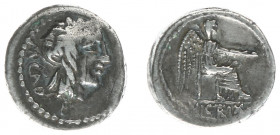Later-Denarius Coinage (ca. 154-41 BC) - M. Porcius Cato – AR Quinarius (Rome 89 BC, 2.01 g) - Head of young Bacchus or Liber right, wreathed with ivy...