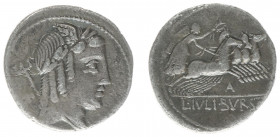 Later-Denarius Coinage (ca. 154-41 BC) - L. Julius Bursio - AR Denarius (Rome 85 BC, 3.62 g) - Laureate, winged and draped bust of Apollo Vejovis righ...