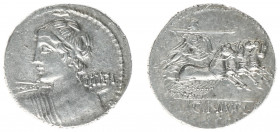 Later-Denarius Coinage (ca. 154-41 BC) - C. Licinius L.f. Macer – AR Denarius (Rome 84 BC, 3.84 g) - Diademed bust of Apollo left, brandishing thunder...