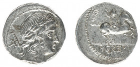 Later-Denarius Coinage (ca. 154-41 BC) - P. Crepusius – AR Denarius (Rome 82 BC, 3.98 g) - Laureate head of Apollo right, sceptre over shoulder, (with...