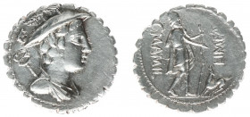 Later-Denarius Coinage (ca. 154-41 BC) - C. Mamilius C.f. Limetanus – AR Denarius Serratus (Rome 82 BC, 3.97 g) - Draped bust of Mercury right, wearin...