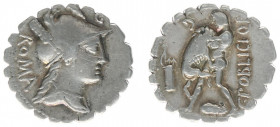 Later-Denarius Coinage (ca. 154-41 BC) - C. Poblicius Q.f. - AR Serrate Denarius (Rome 80 BC, 3.79 g) - Helmeted head of Roma right, ROMA behind, cont...