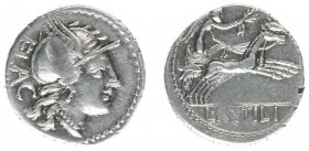 Later-Denarius Coinage (ca. 154-41 BC) - L. Rutilius Flaccus – AR Denarius (Rome 77 BC, 4.03 g) - Helmeted head of Roma right, FLAC behinf / Victory i...