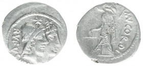 Later-Denarius Coinage (ca. 154-41 BC) - Mn. Cordius Rufus – AR Denarius (Rome 46 BC, 3.22 g) - Conjoined heads of the Dioscuri right, wearing pilei s...