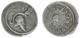 Later-Denarius Coinage (ca. 154-41 BC) - Mn. Cordius Rufus - AR Denarius (Rome 46 BC, 3.62 g) - Crested Corinthian helmet right, surmounted by owl / A...