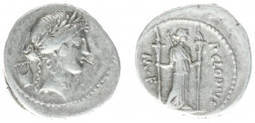 Later-Denarius Coinage (ca. 154-41 BC) - P. Clodius M. f. Turinus – AR Denarius (Rome 42 BC, 3.72 g) - Laureate head of Apollo right, lyre behind / Di...