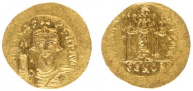 Phocas (602-610) - AV Solidus (Constantinople, 4.51 g) - ∂ N FOCAS PЄRP AVC, draped and cuirassed bust facing, holding globus cruciger, wearing crown ...