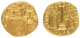 Constans II (641-668) - With Constantine IV, Heraclius, and Tiberius - AV Solidus (Constantinople AD 662-667, 4.28 g) - ∂ N CONSƮAN.., facing busts of...
