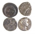 Roman coinage - A small lot of 4 early Roman Denarii: Augustus (rev. shield with SPQR, CL V, RIC 42a), Augustus (bull, IMP XII, RIC 187a), Vitellius a...