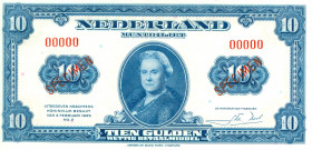 Netherlands - 10 Gulden 1943 Muntbiljet Wilhelmina SPECIMEN diagonaal in rood met 1 ronde perforatie (Mev. 44-1 / AV 33S.1 / PL41.s2.b) - lettertype s...