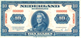 Netherlands - 10 Gulden 1943 Muntbiljet Wilhelmina SPECIMEN op VZ 2x verticaal in rood met 1 ronde perforatie en op KZ 2x horizontaal in rood (Mev. 44...