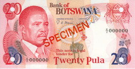 Botswana - 1 + 2 + 5 + 10 + 20 Pula ND (1982) SPECIMEN + punch hole cancelled (P. 6s-10s) - UNC / Total 5 pcs.