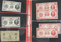 Map met kleine collectie biljetten Ned. Indië/Indonesië wo. Muntbiljetten 1 + 2½ Gulden 1940, 10 + 25 + 50 Gulden 1943 NICA, 10 Gulden 1946, etc. - To...