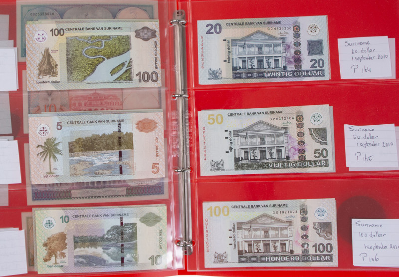 Map met kleine collectie bankbiljetten Suriname 1982-2012 wo. 100 Dollars 2004 (...