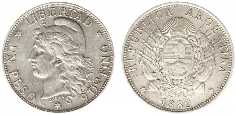 Argentina - Republic - Peso 1882 (KM29, Eliz.33) - Obv: Flagged arms within wrea...