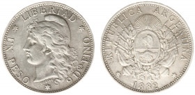 Argentina - Republic - Peso 1882 (KM29, Eliz.33) - Obv: Flagged arms within wreath / Rev: Capped Liberty head - VF/XF