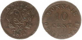 Belgium - Antwerpen - 10 Centimes 1814 - Siege of Antwerp (KM7.2, Eeckh.37, Gad.193d) - Obv: LL-monogram in wreath, below initial R / Rev: Value - VF