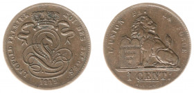 Belgium - Leopold I (1831-1865) - Centime 1835 over 32 (KM1.1, Morin115a), clearly struck over Dutch ½ Cent 1828-B (Sch.373) - Obv: Crowned monogram /...