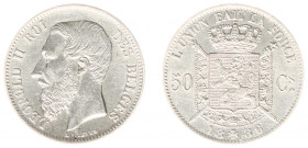 Belgium - Leopold II (1865-1909) - 50 Centimes 1886-FR (KM26, Eeckh.66) - Obv: Head left / Rev: Crowned arms on ornate shield - UNC