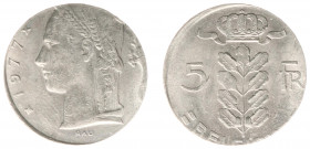 Belgium - Boudewijn I (1951-1993) - 5 Francs 1977 (KM134.1) MISSTRIKE on planchet of 1 Franc 1950-1988 (KM142.1) - copper-nickel 3.99 g. - UNC