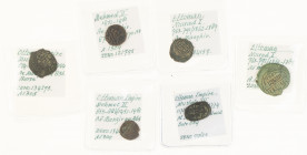 Arabian Empires - Lot of 6 Ottoman Empire copper Mangirs a.w. AH836 Bursa (A-1303), AH875 (A-1309), AH865 Tire (A-1309), AH1184 Van (ZENO99625) - desc...